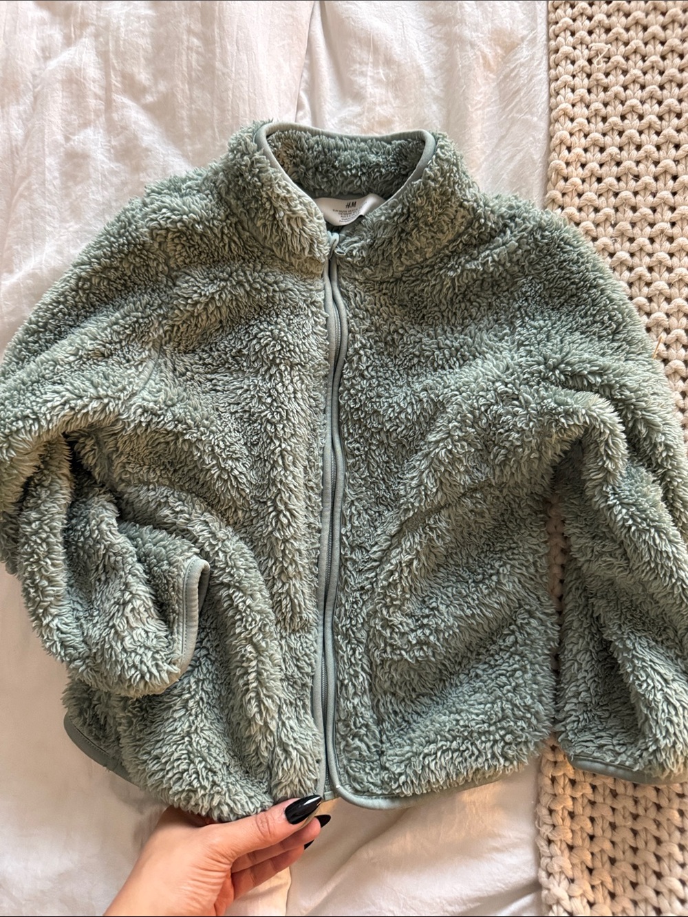 H&M Cozy Sherpa Zip Jacket in Sage